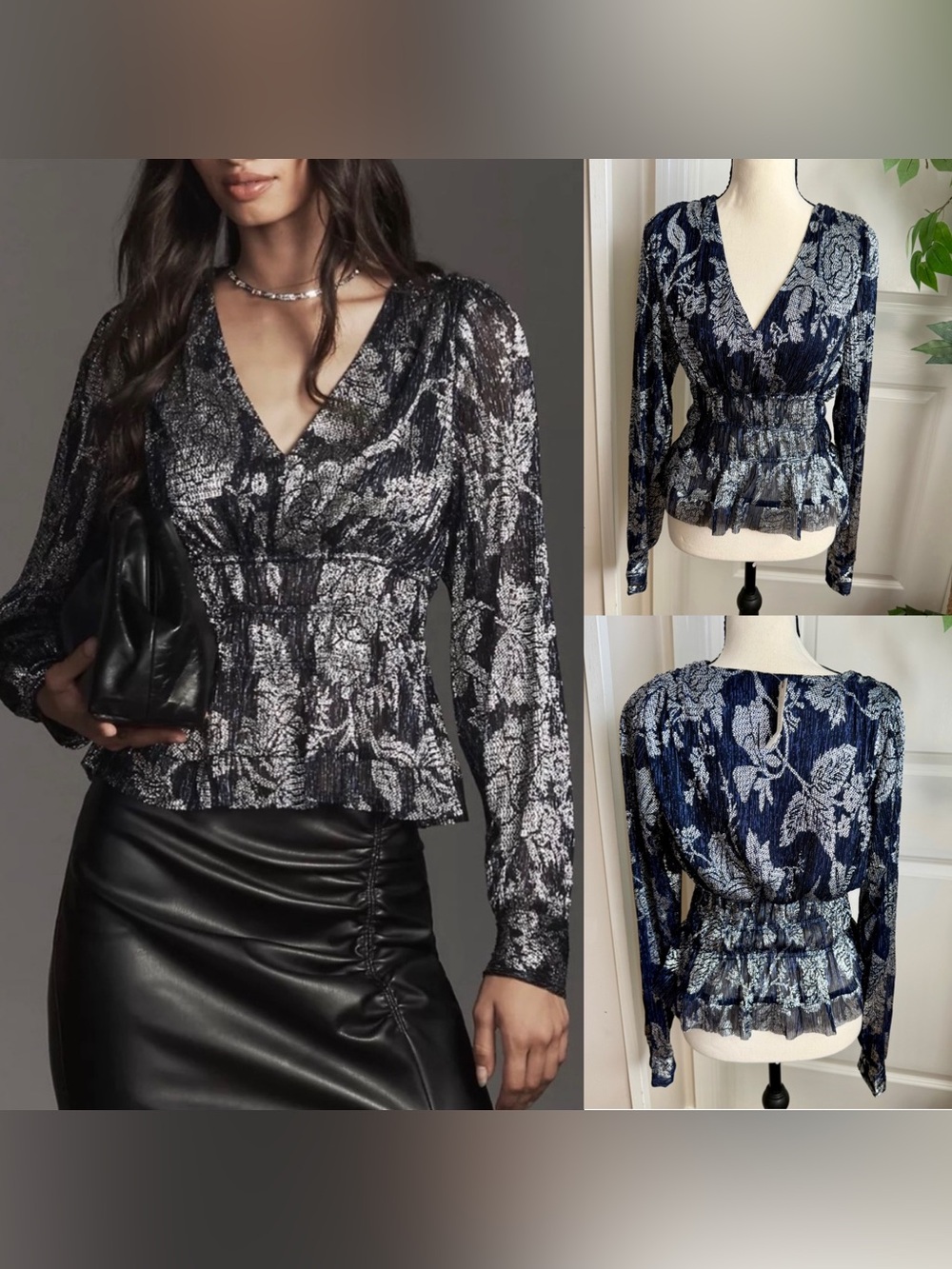 Anthropologie Metallic Smocked Long Sleeve Shirt Navy Silver Sz M